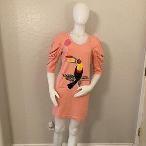 See By Chloé Toucan Bird and Balloon Print T-Shirt Peach Cotton Dress Size 2